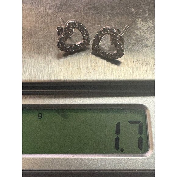 Estate Sterling Silver 925 Heart CZ Stud Earrings 0.39" Sparkly Cute Gift - Picture 8 of 8